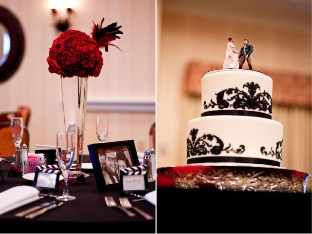 centerpieces, cake, black and white, red, feathers, movies, nashville, wedding